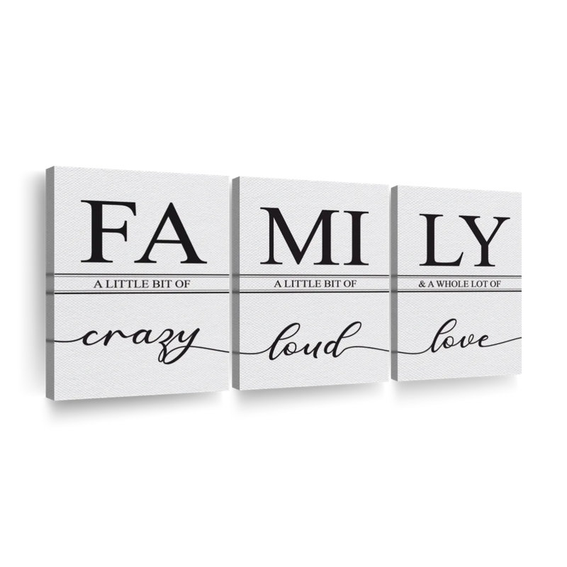 «Crazy Loud Love Family» - Toile tendue 3 pièces, H 18 po x l 38 po x P 1,25 po