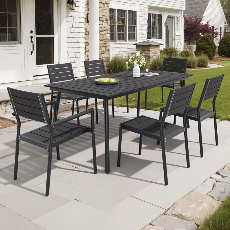 6 - Person Aluminum Patio Dining Set With Stackable Chairs And Umbrella Hole, Black 