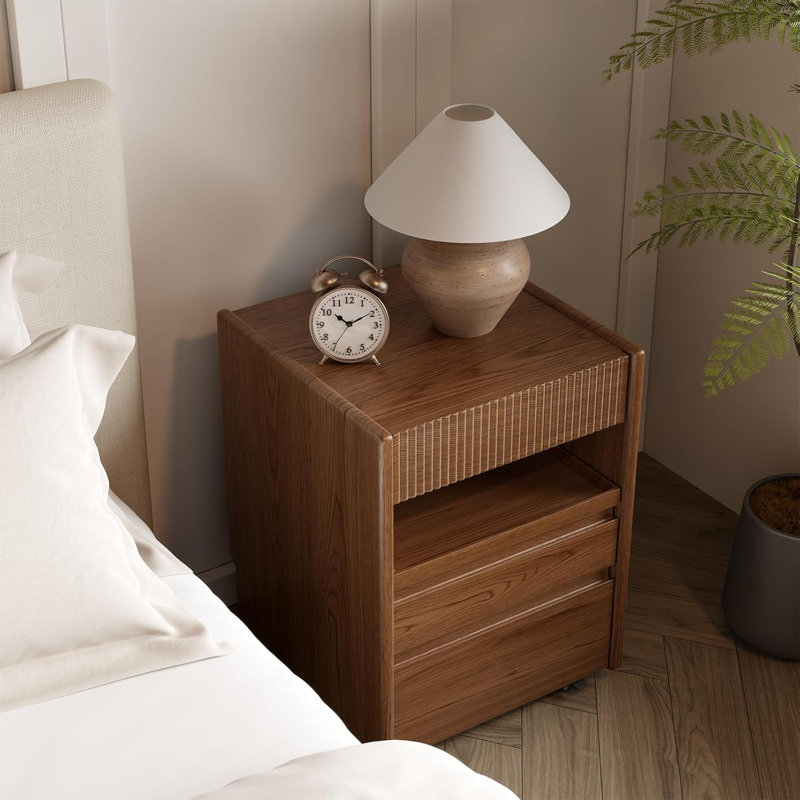 Rolling Nightstand with Drawers and Pull Out Shelf, Solid Wood Bedside Table with Wheels, Modern Storage Side Table for Bedroom Living Room