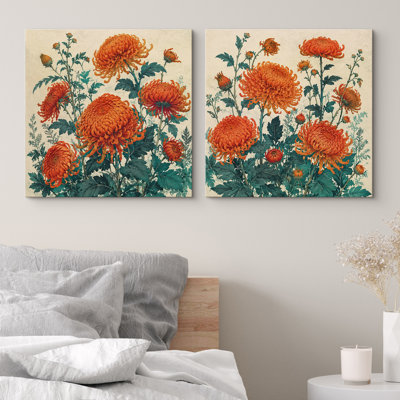 Lush Orange Chrysanthemum Garden With Teal Foliage Framed Canvas Master Bedroom Wall Art Work 2 Pieces Print Set