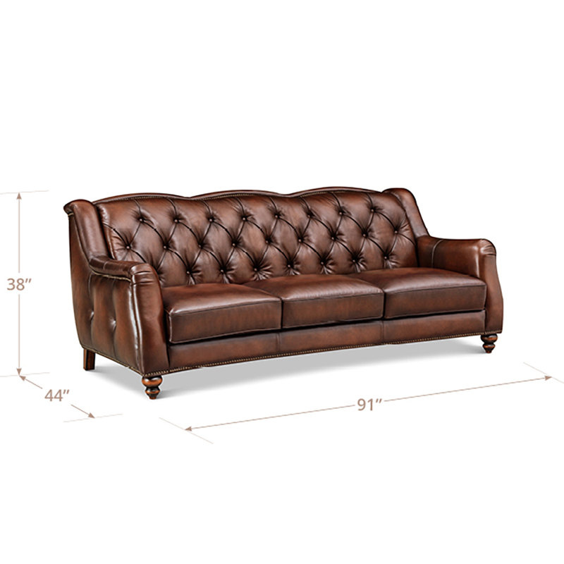 Hamptons 100% Top Grain Leather Sofa with Diamond Tufted Back & Nailhead Trim