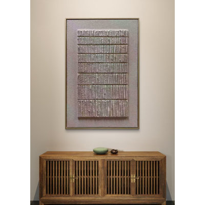 Tableau texturé 3D peint à la main, peinture en relief à rayures abstraites beige crème neutre, toile acrylique à texture épaisse avec cadre en bois doré, décoration murale moderne et minimaliste prête à accrocher, 61 x 91 cm