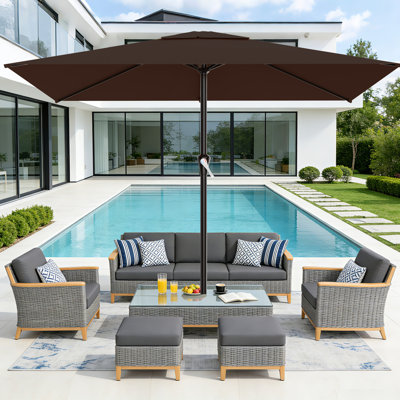 6.5×10FT All-Steel Rectangular Patio Umbrella, UPF 50+ UV Protection, Crank Handle, 6 Heavy Duty Ribs, Outdoor Market Umbrella for Garden, Pool, Backyard, Brown