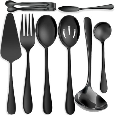 Ensemble d'ustensiles de service 8 pièces en acier inoxydable - Comprend cuillères de service, cuillère à rainure, fourchette, pinces à sucre glacé, pelle à gâteau, louche à soupe - miroir poli pour la réception