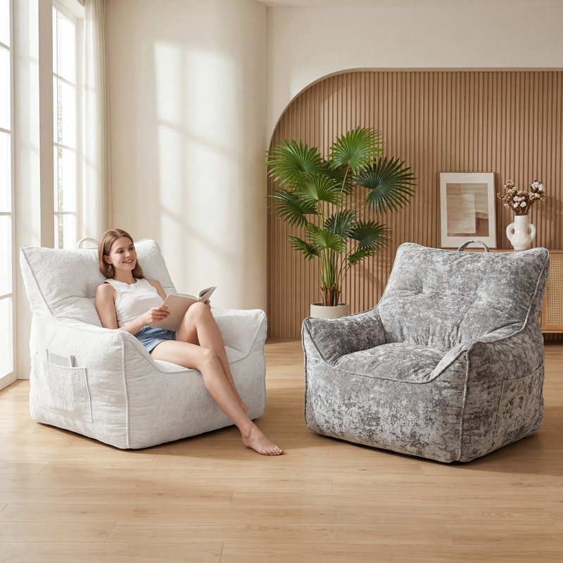 Fauteuil à billes en chenille avec dossier et accoudoirs, rembourrage en mousse déchiquetée pour le salon et la lecture, Gris