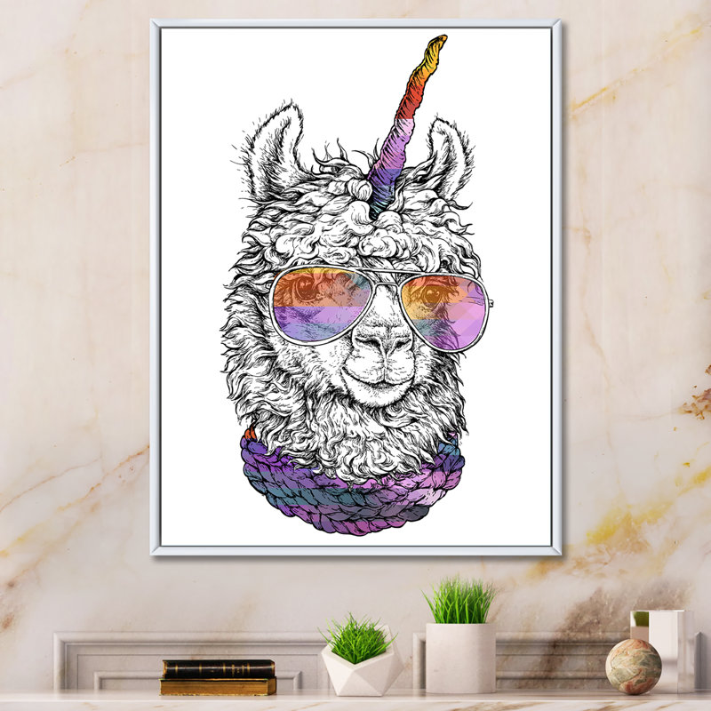 «Cute Lama with Sunglases» - Impression sur toile, H 12 po x l 8 po, Cadre flottant blanc