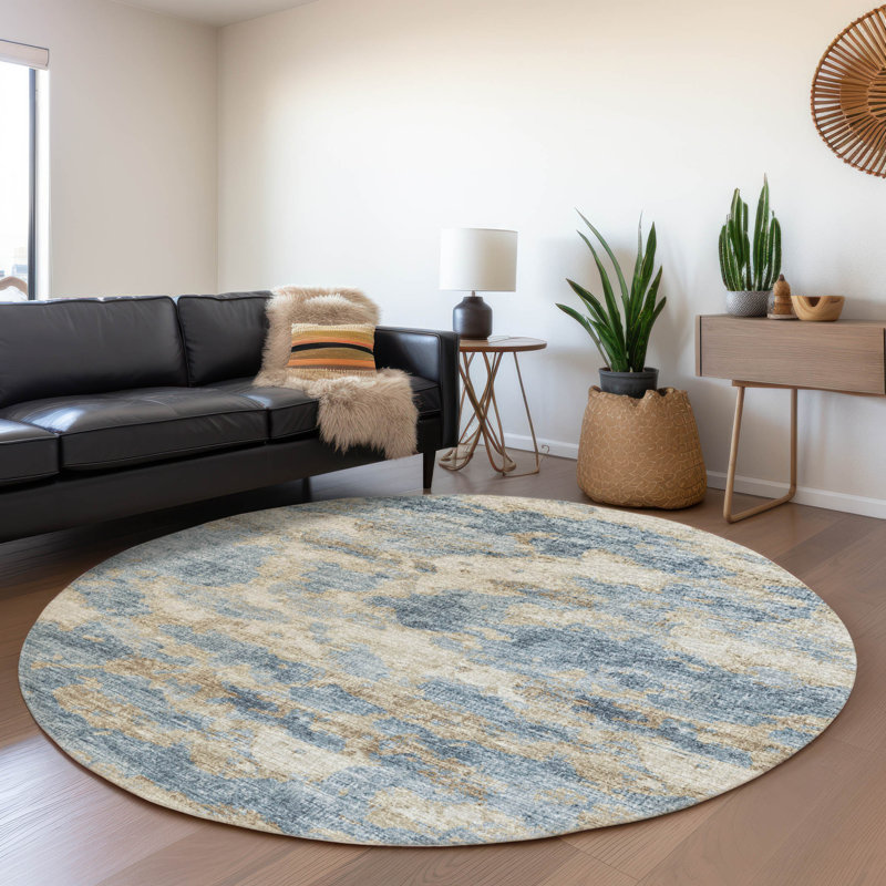Premium Machine Washable Freixa AMF71 Blue Rug, Round 8'