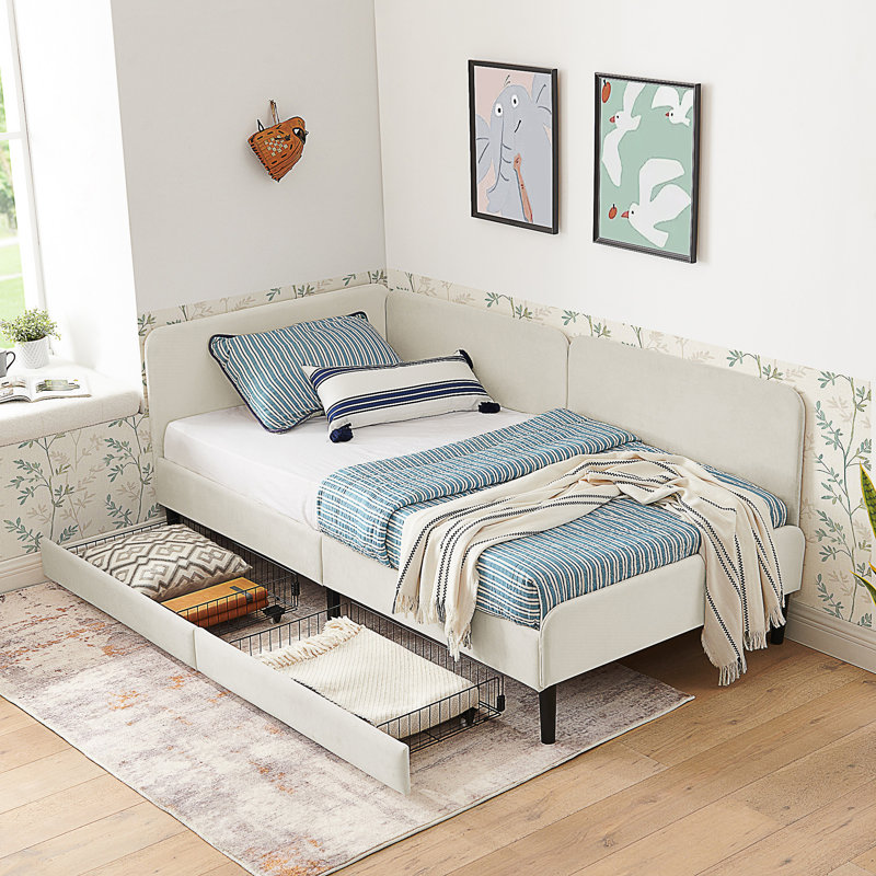 Twin Size Upholstered Platform Bed Frame With 2 Storage Drawers, Adjustable Velvet Sofa Bed