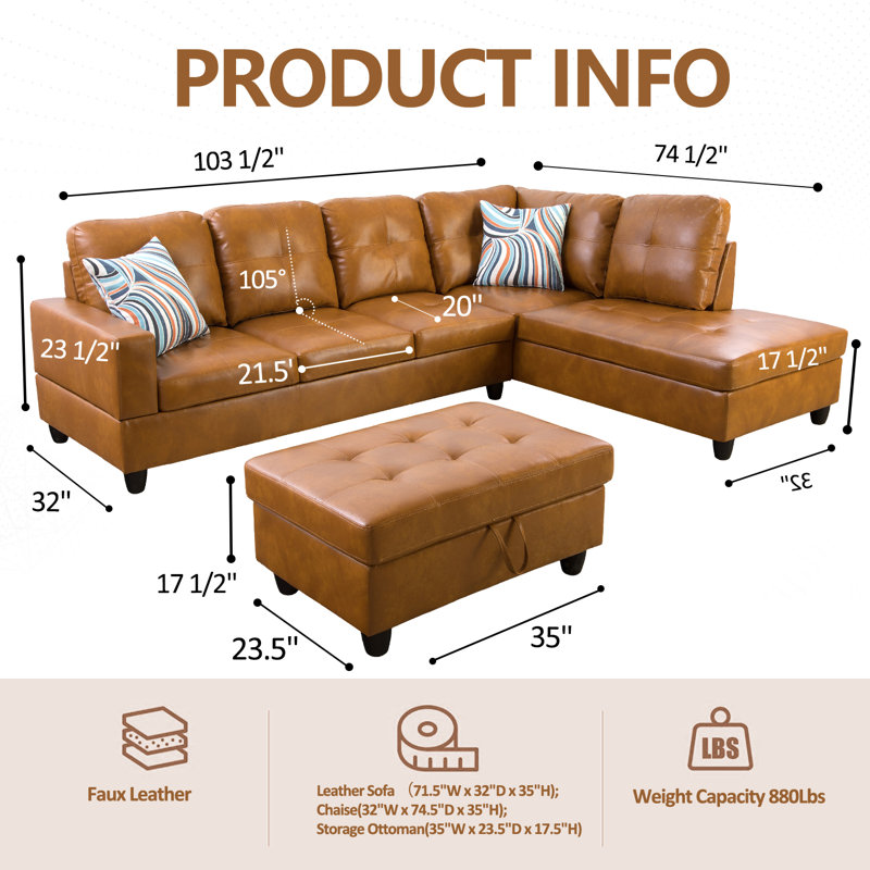 Elsiana 3 Piece Faux Leather Modular Living Room Set, Leather Couch Set, Left Hand Facing, Yellow Faux Leather