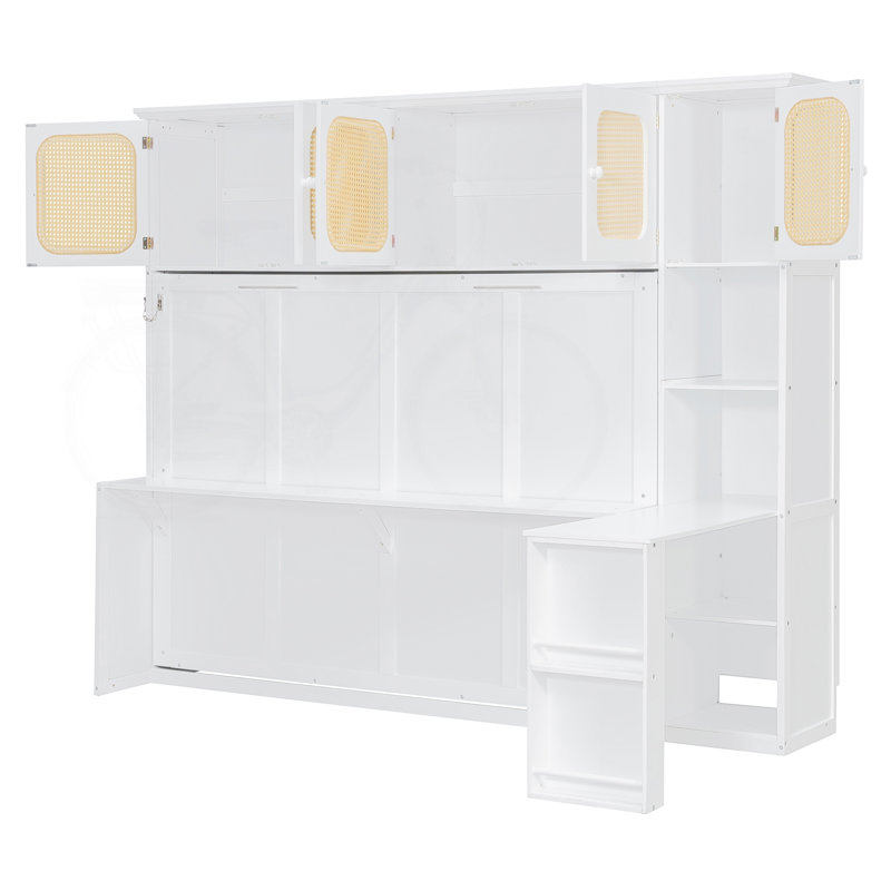 Lit escamotable double avec bureau et armoires en rotin, lit mural peu encombrant pour le bureau personnel, blanc chaud