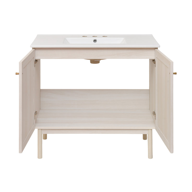 Ensemble de meuble-lavabo autoportant en chêne blanc avec plateau à 3 trous Classe 36, Chêne blanc, Blanc, 8" Widespread