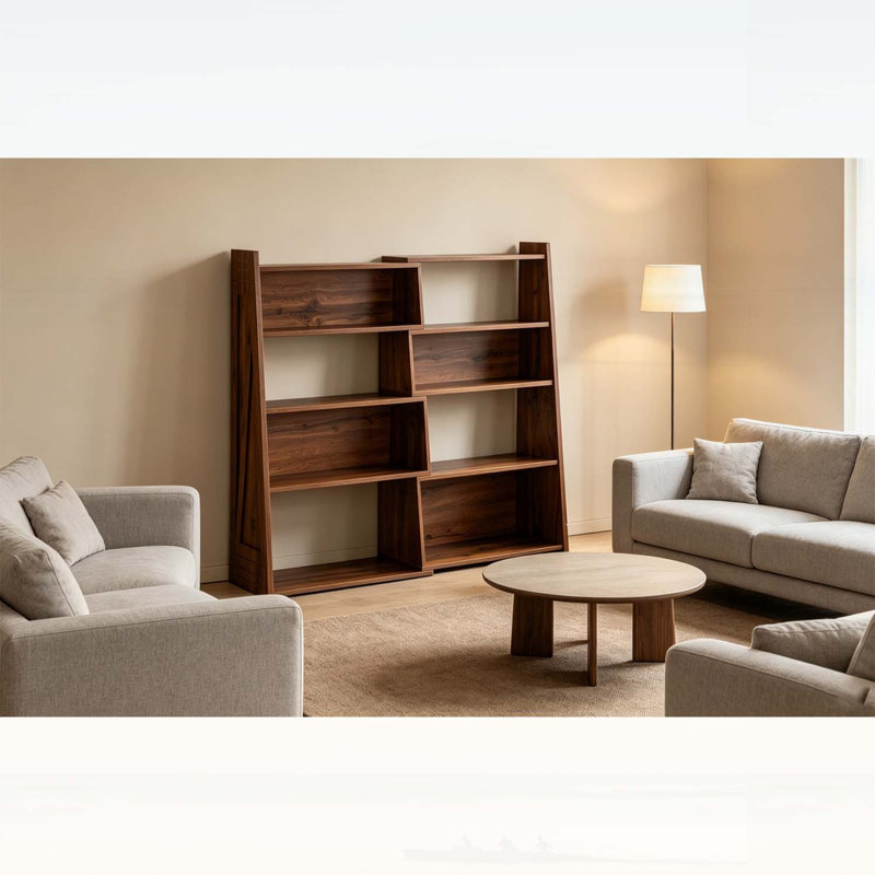 Bibliothèque pliable en noyer avec 3 configurations interchangeables, idéale pour un rangement et une présentation flexibles dans n'importe quelle pièce.