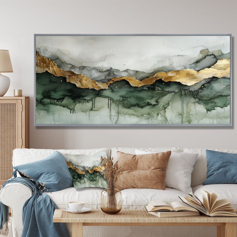 Éthérique éthéré de marbre Calacatta émeraude I - peinture abstraite, décoration murale, H 28 po x l 60 po, Cadre flottant