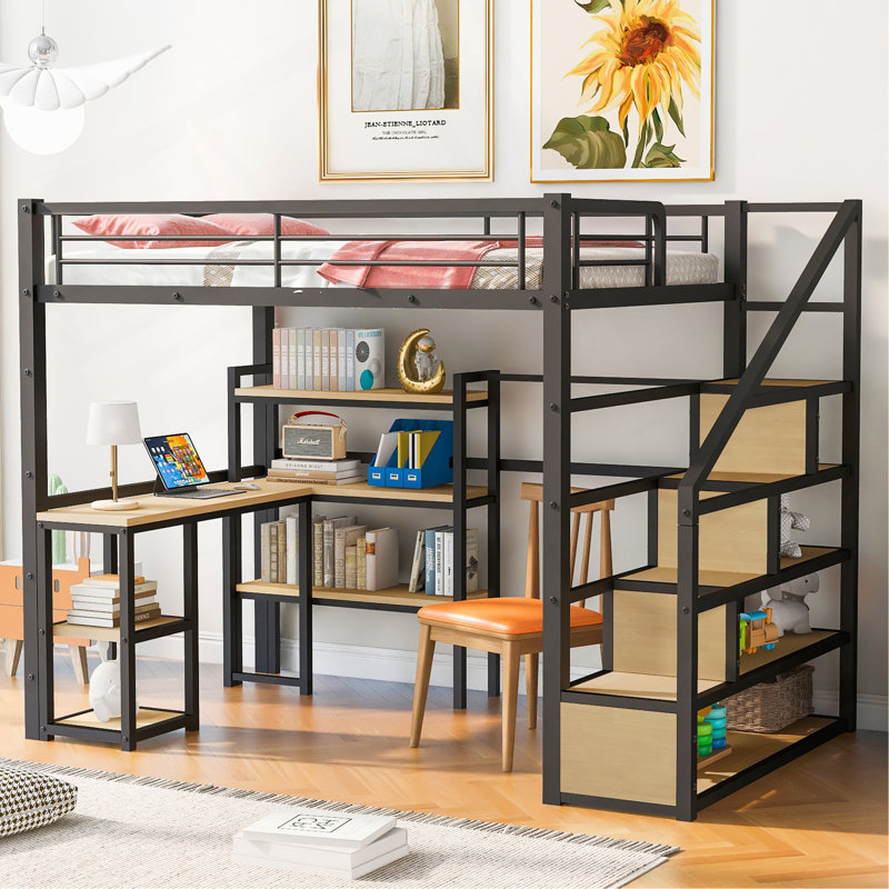 Lit mezzanine double en métal avec escalier, bureau intégré et tablettes, noir