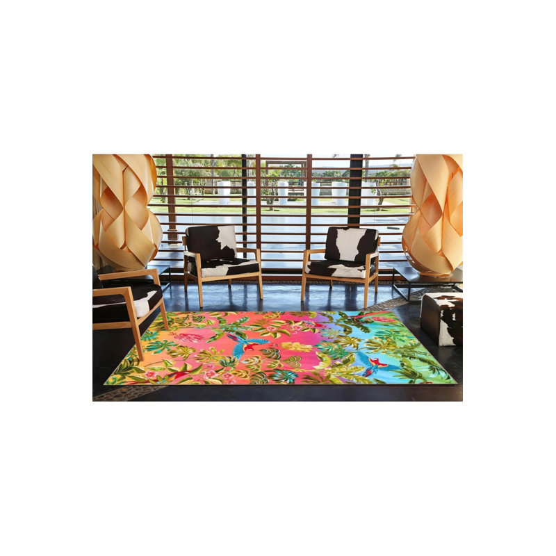 Tapis tissé à motif de feuilles et d'animaux, Rond 5 pi
