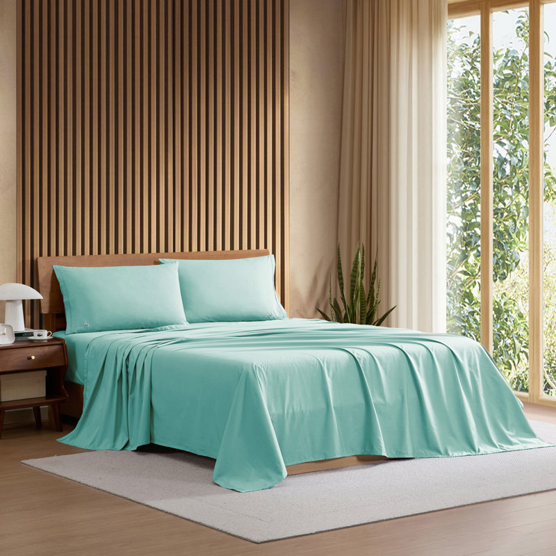 Lacoste Cotton Percale Sheet Set, Cooling & Breathable Bedding, Deep Pocket Fitted Sheet, Water Blue, Twin XL, Water Blue