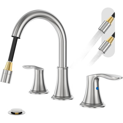 Robinet escamotable de lavabo de salle de bain en nickel brossé 8 pouces, robinet de salle de bain espacé à 2 poignées et 3 trous, robuste avec bonde escamotable et ligne d'alimentation en eau