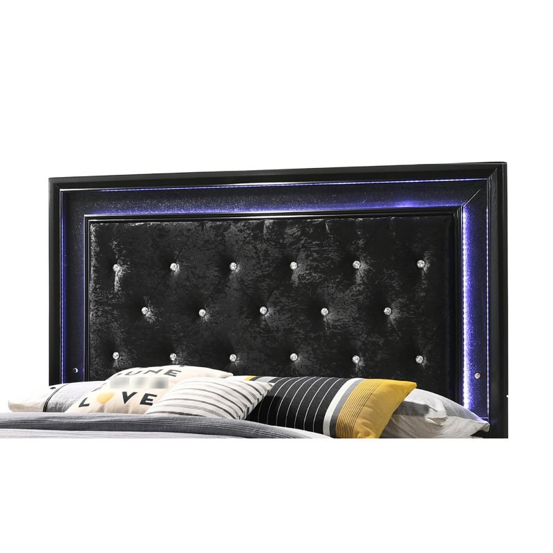 Full Size Bed With Upholstered Headboard And Led Lights In Black Glamour Crystal Inlay