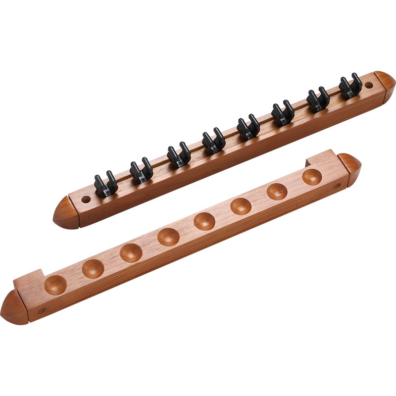 Light Brown Wooden 8-Cue Wall Rack with Clips