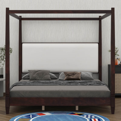 Canopy Bed Frame With Thick Upholstered Headboard,Solid Wood 4 Posters Platform Bed With Tapered Legs, Mid Century Modern Canopy Beds