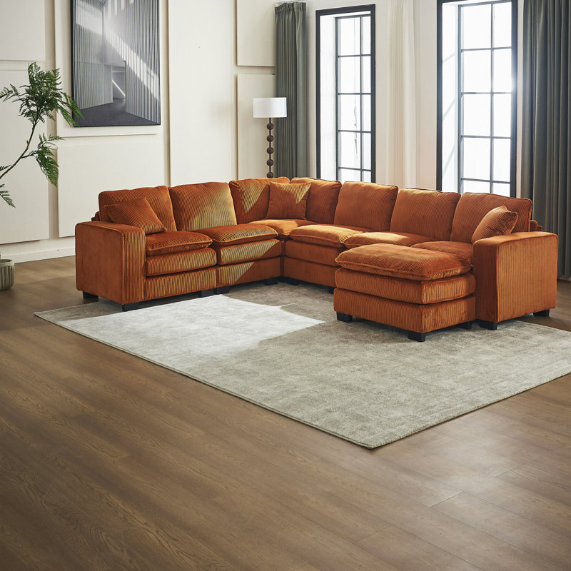 Canapé modulaire moderne à 6 places U_Shaped avec un repose-pieds et trois coussins décoratifs, canapé modulaire pour le salon, canapé en velours côtelé