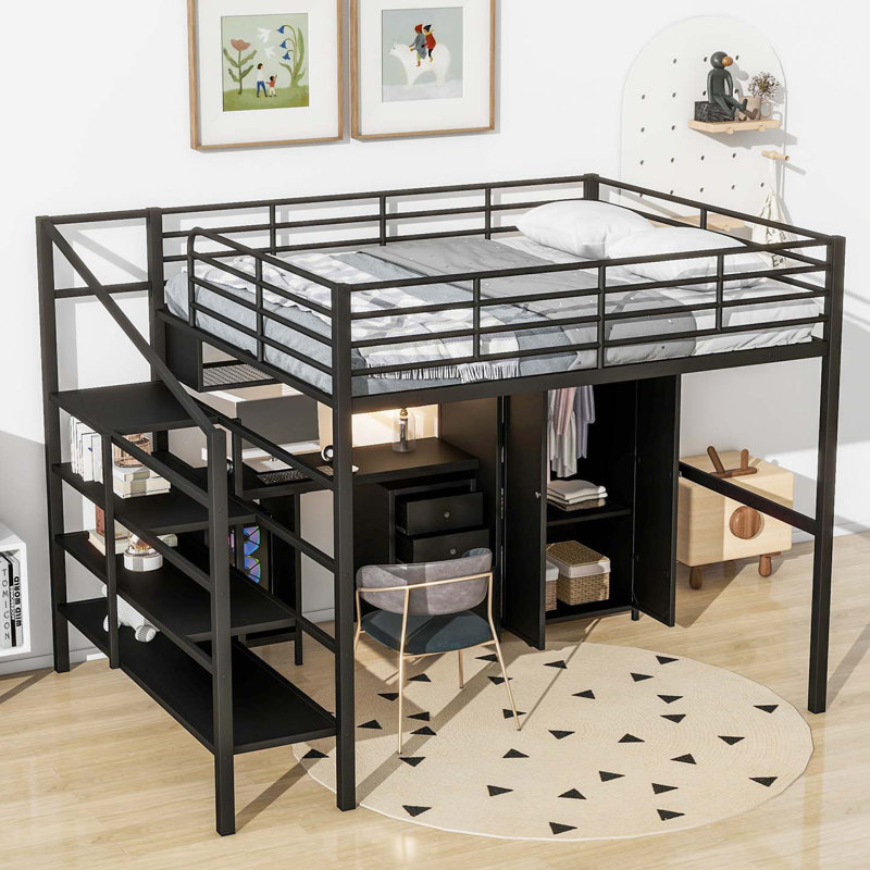 Lit plateforme en métal Wylda, lit mezzanine avec bureau et garde-robe, lit plateforme double