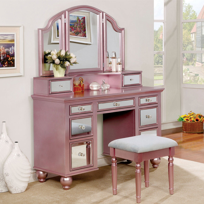 Ensemble coiffeuse avec tabouret et miroir Isaiah-Michael, Or rose
