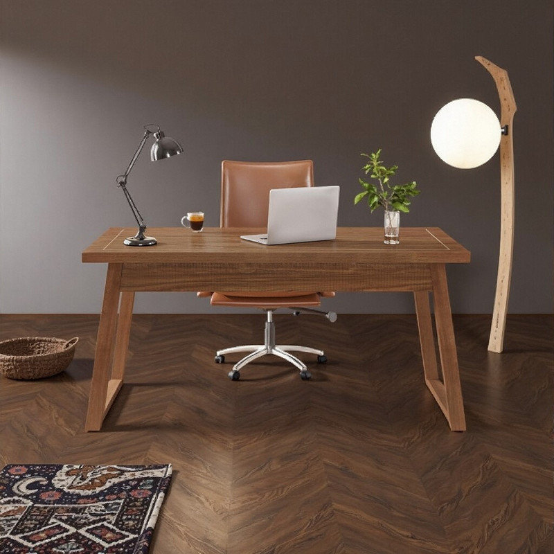 55" Walnut Brown Mid-Century Executive Desk with Drawer - Premium Home Office Solution