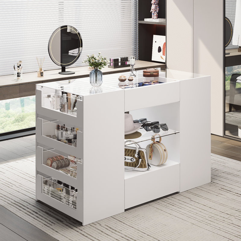 Closet Island With 12 Drawers, Wardrobe Armoire Island with Glass Top and Display Shelves, White, White