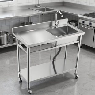 Commercial Stainless Steel Single-Bowl Sink With Wheels, Equipped With Faucet And Hot/Cold Water Pipes, Multi-Functional Work Basin For Restaurants, Garages, And Laundry Facilities.