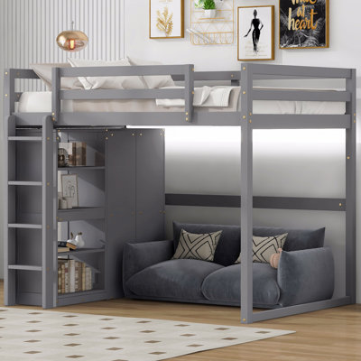 Full Size Space-Saving Loft Bed, Wood  With Built-In Wardrobe And Storage Shelves, Led Light