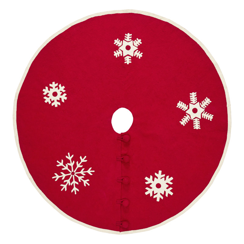 Handmade Red and White Felt Christmas Tree Skirt with Snowflakes