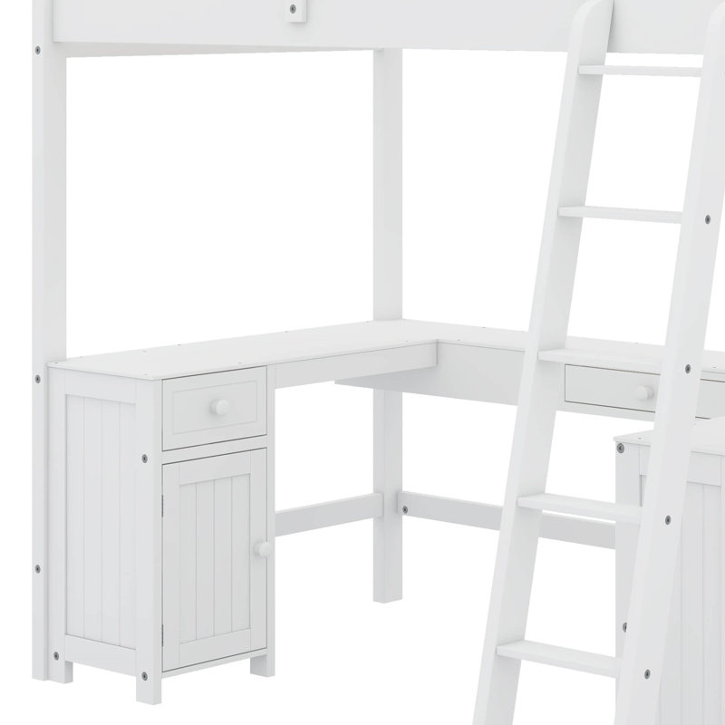 Lit mezzanine double avec bureau en U, tiroirs et tablettes, Blanc
