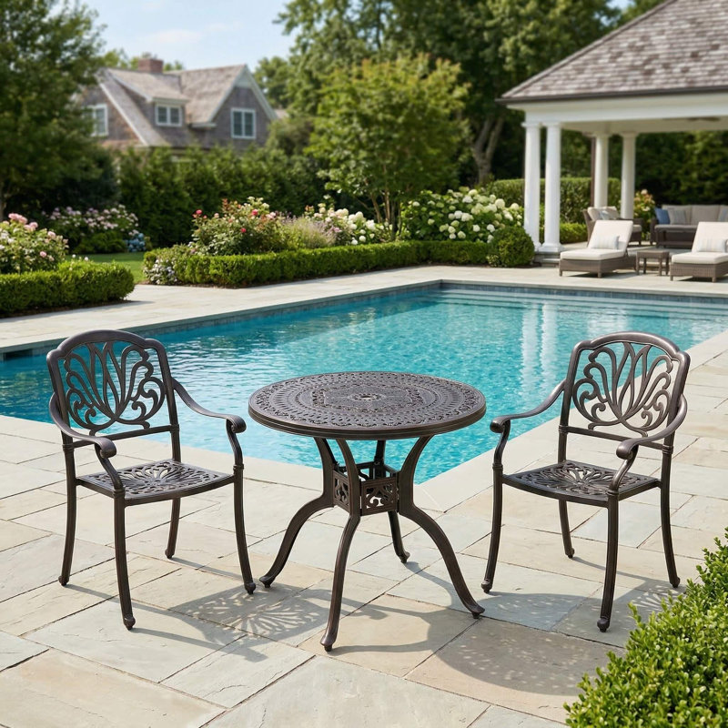 Rustproof Weather Resistant Scratch Proof Heavy Duty 31.5 Inch Cast Aluminum Round Patio Dining Table With Pre Drilled Umbrella Hole And Stable Non Slip Base For Backyard Garden