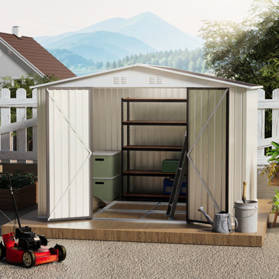 Abri de jardin extérieur 10 x 8 pieds, couleur crème, avec structure en alliage d'aluminium, porte à charnières et fondations pour un grand espace de rangement d'outils, porte blanche, ventilation optimale.