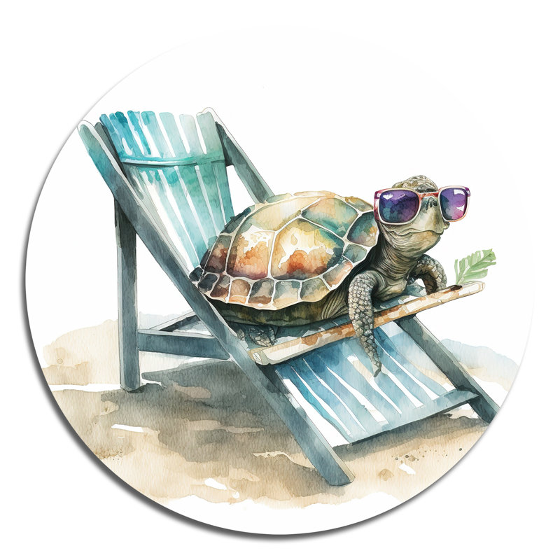 Tortue allongée sur une chaise de plage avec lunettes de soleil II - animaux, art en métal rond, H 36 po x l 36 po