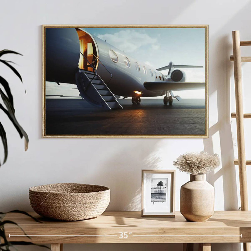 Luxury Private Plane, Floating Frame Natural Wood, 25" X 17"