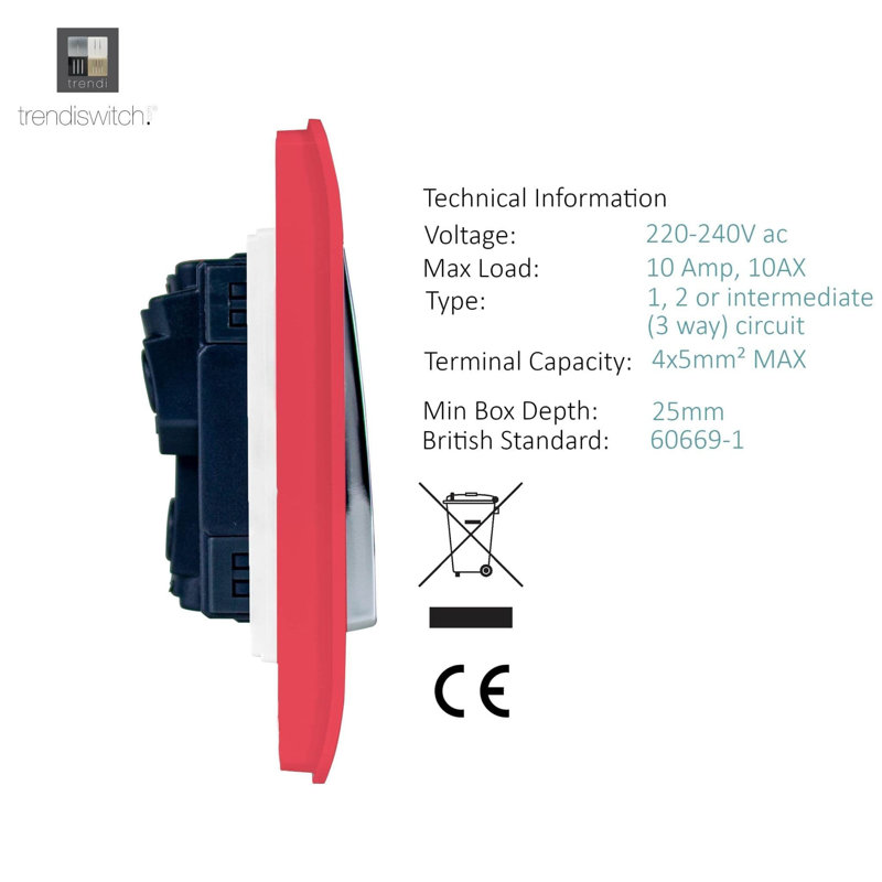 Trendi Switch 4 Gang Light Switch (2x 1 or 2 Way & 2 x Intermediate), Strawberry