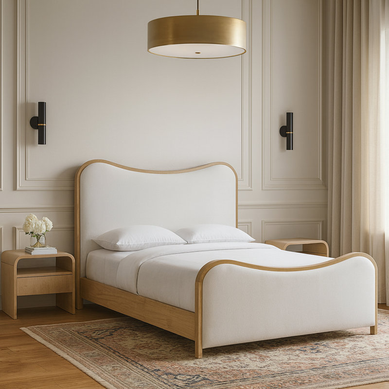 Lit tapissier Arvada, Très grand, Tissu texture crème lin / brossé naturel