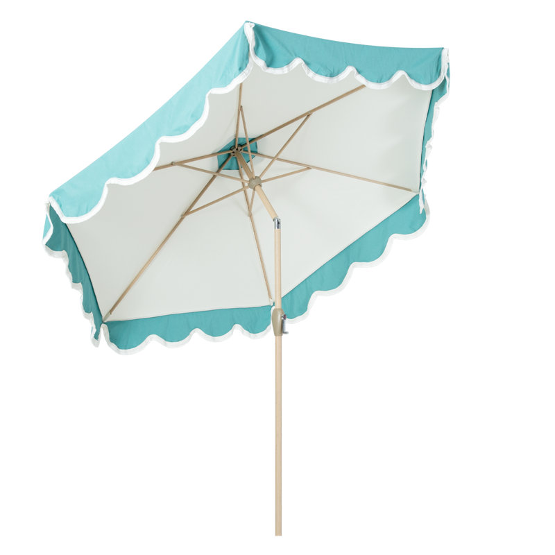Tempera 9ft Scalloped Spliced Patio Umbrellas With Fringe, Market Umbrellas With Water-resistant And Fade Resistant Canopy, 1.5" Wood Pole & Button Tilt