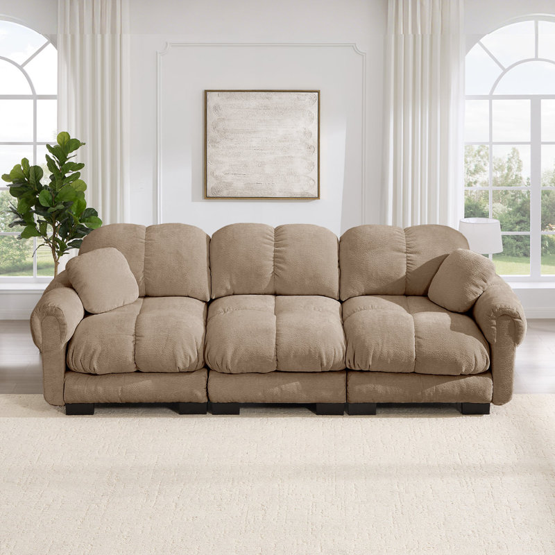 Canapé modulaire en chenille matelassé 3 places avec coussins décoratifs 104 po Fairmont, Taupe