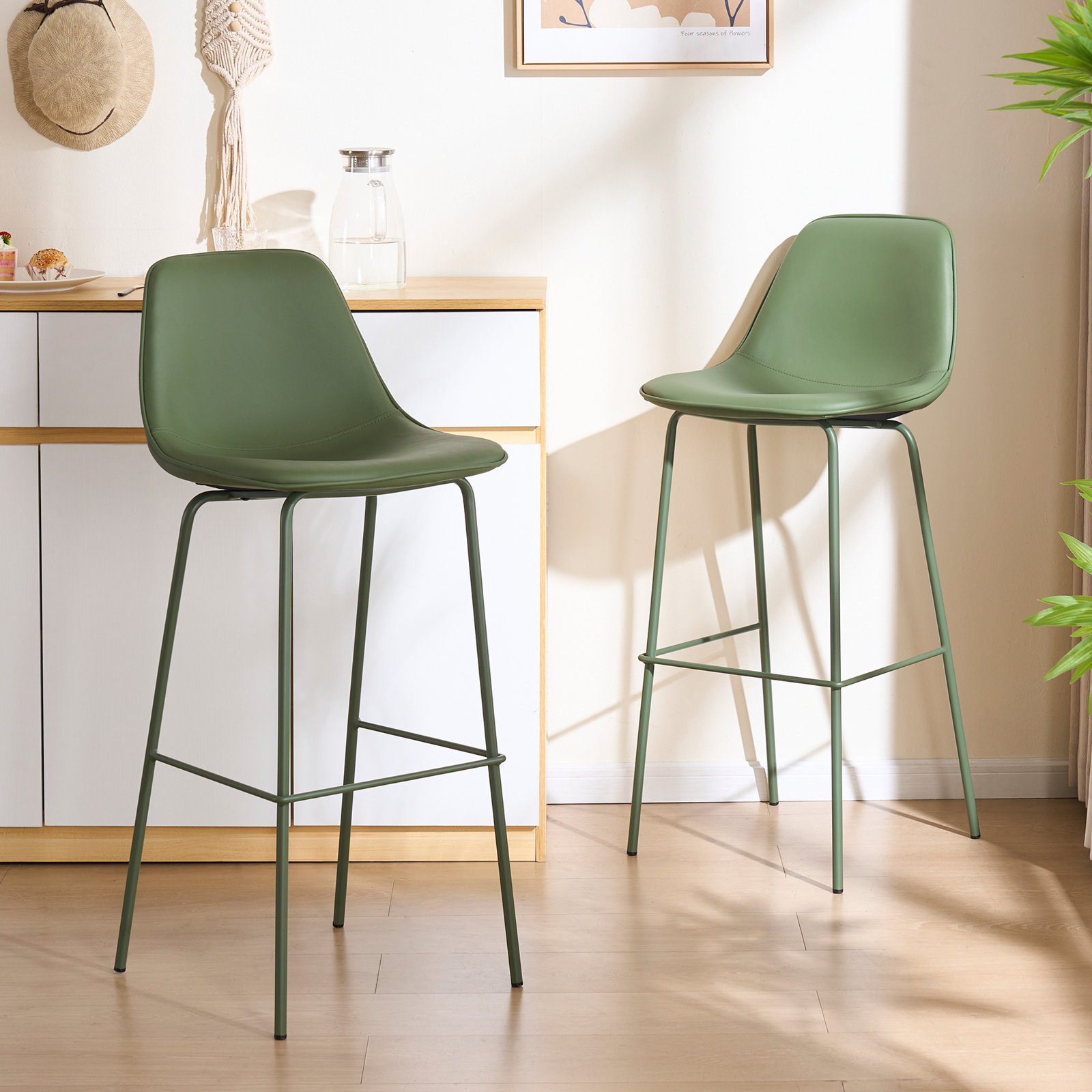 Kavi Upholstered Barstools, Bar Stool (30" Seat Height), Bean Green Faux Leather