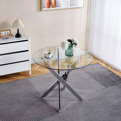 Table de salle à manger avec pieds en métal et verre trempé, table de cuisine moderne pour le salon, pieds chromés