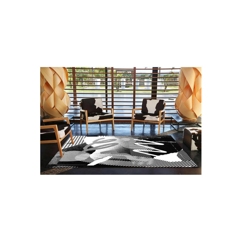 Tapis noir à motif décoratif moderne à motif texturé noir, Rond 5 pi