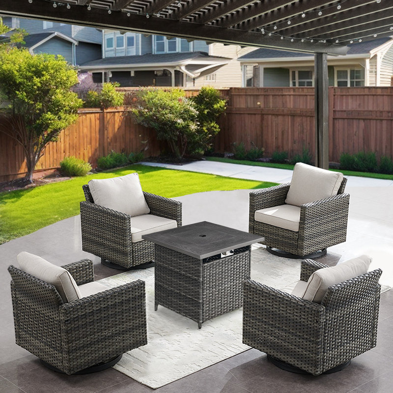 Nazime 4 - Person Outdoor Seating Group with Fire Pit and Rocking & Swivel Chairs with Cushions, Beige