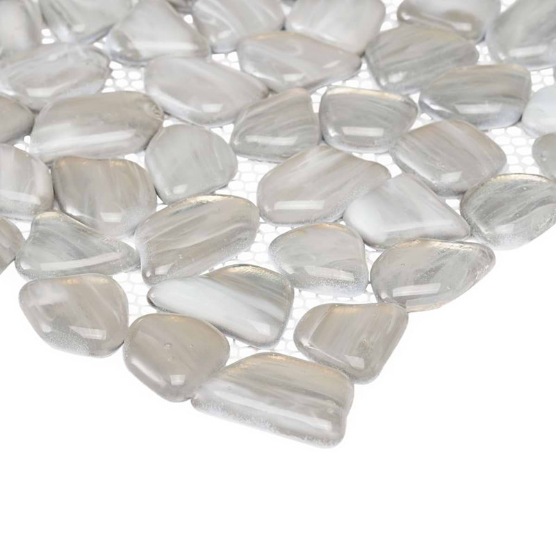 Komorebi 12x12 Pebble Polished Glass Mosaic Tile, Mineral Ice Gray
