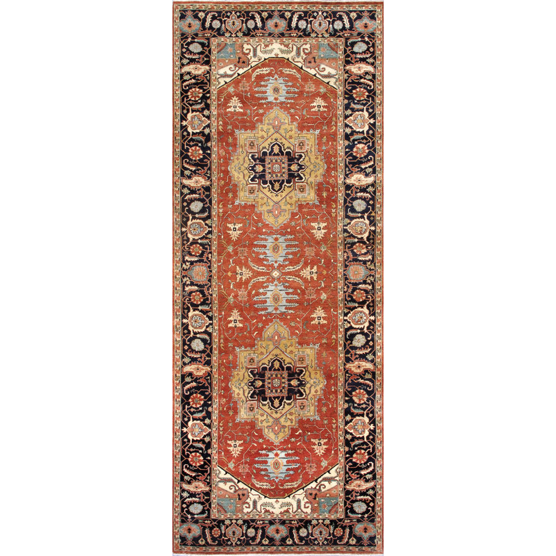 Serapi Hand-Knotted Wool Oriental Area Rug in Blue/Orange/Black, Runner 6' x 16'
