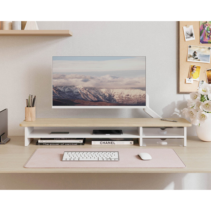 Large Monitor Stand Riser with Acrylic Drawer, Beige