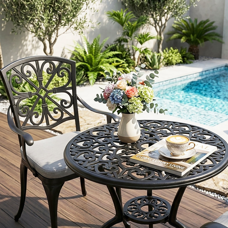 Outdoor 3-Piece Cast Aluminum Patio Set with Cushions and Umbrella Hole