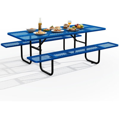 Table de pique-nique bleue 72 po toutes saisons avec trou pour parasol, idéale pour un usage commercial, scolaire, de camping, de patio et familial